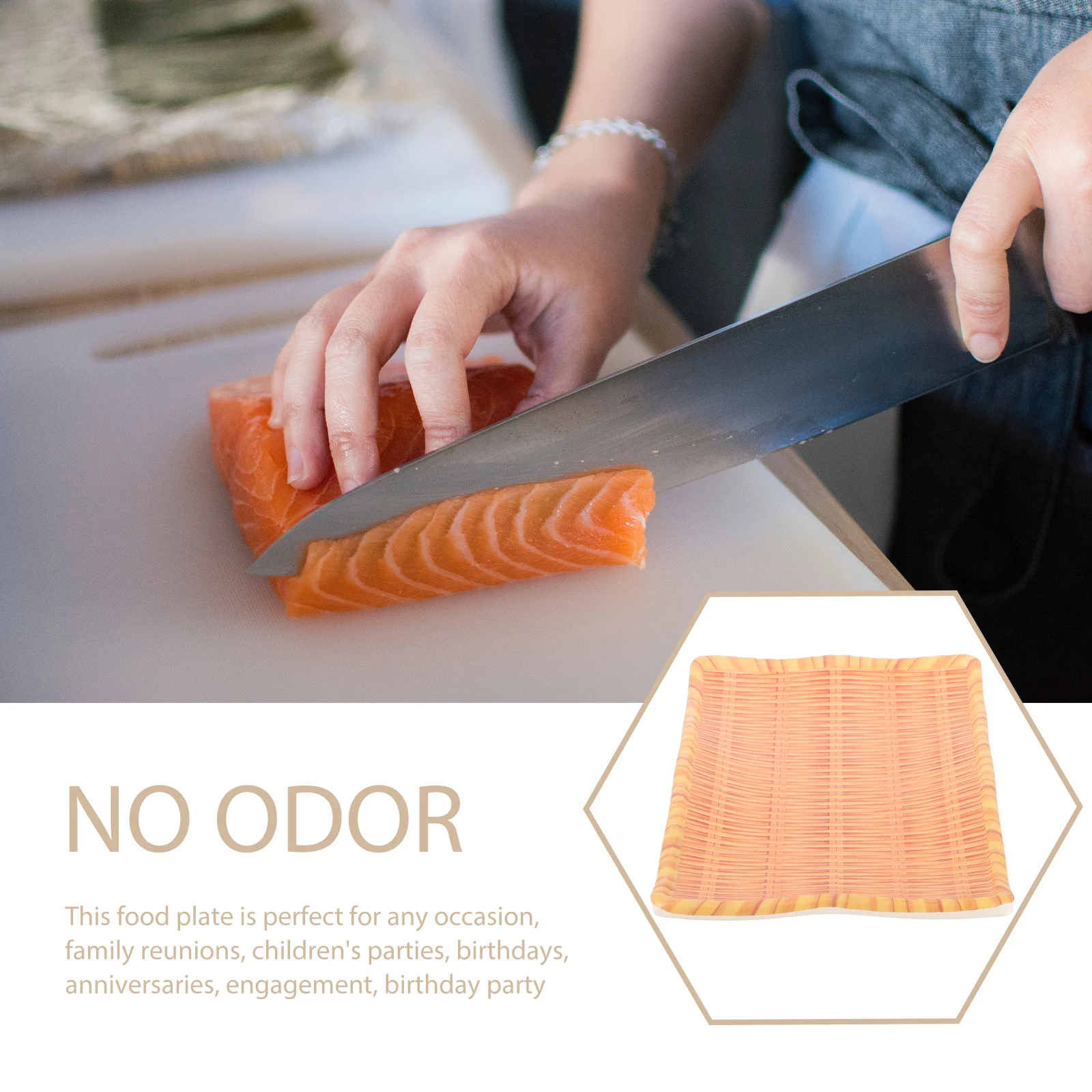 

Bamboo Woven Fake Food Plate Serving Dish For Sushi Dessert Steak Bbq Party Melamine Plate Easy Clean Decorative
