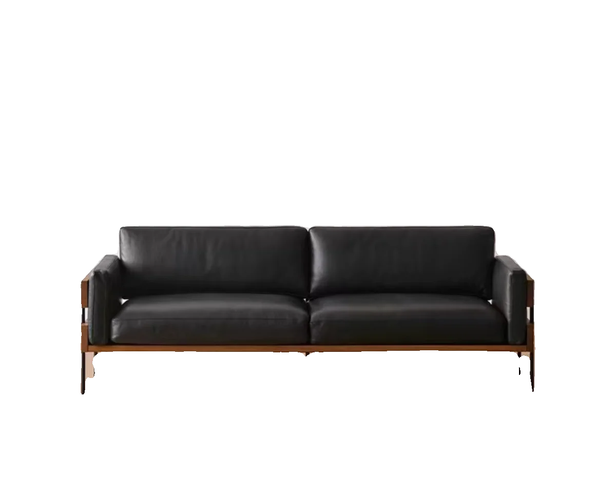 

Solid wood first layer cowhide black leather art double triple straight row sofa