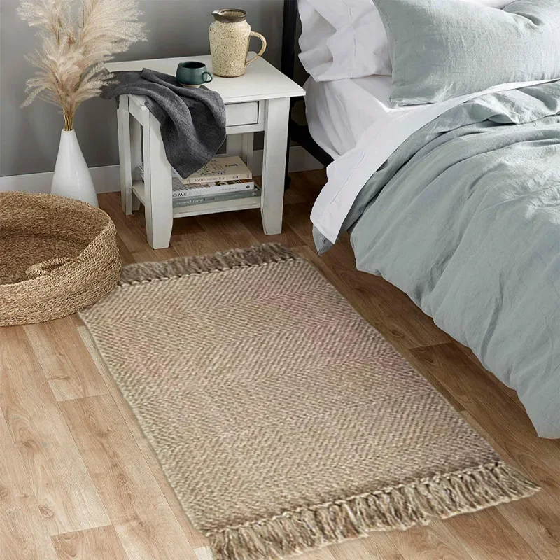 Japanese-style home fringed Rug wear-resistant handmade carpet solid color polyester-cotton sofa rug