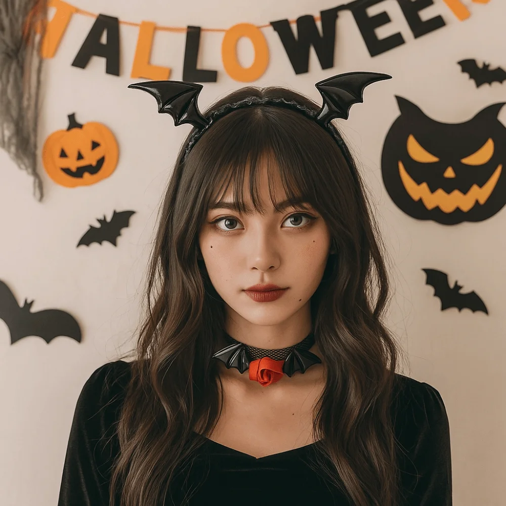 

Funny Flower Bat Wings Hairband Lace PU Leather Headband Necklace Set Mesh Gothic Halloween Hair Hoop Gift