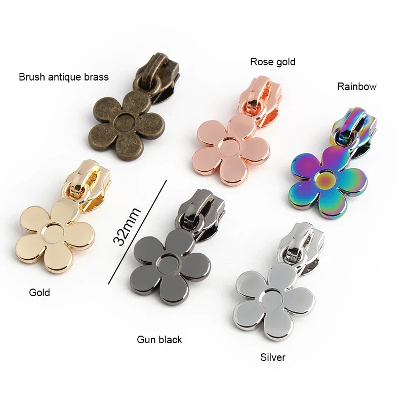 10-50-100PCS 32MM Flower Shape 5# Nylon Metal Sewing Zipper Puller Sliders For Handbag Garment Bags Pocket Zip Head Accessories