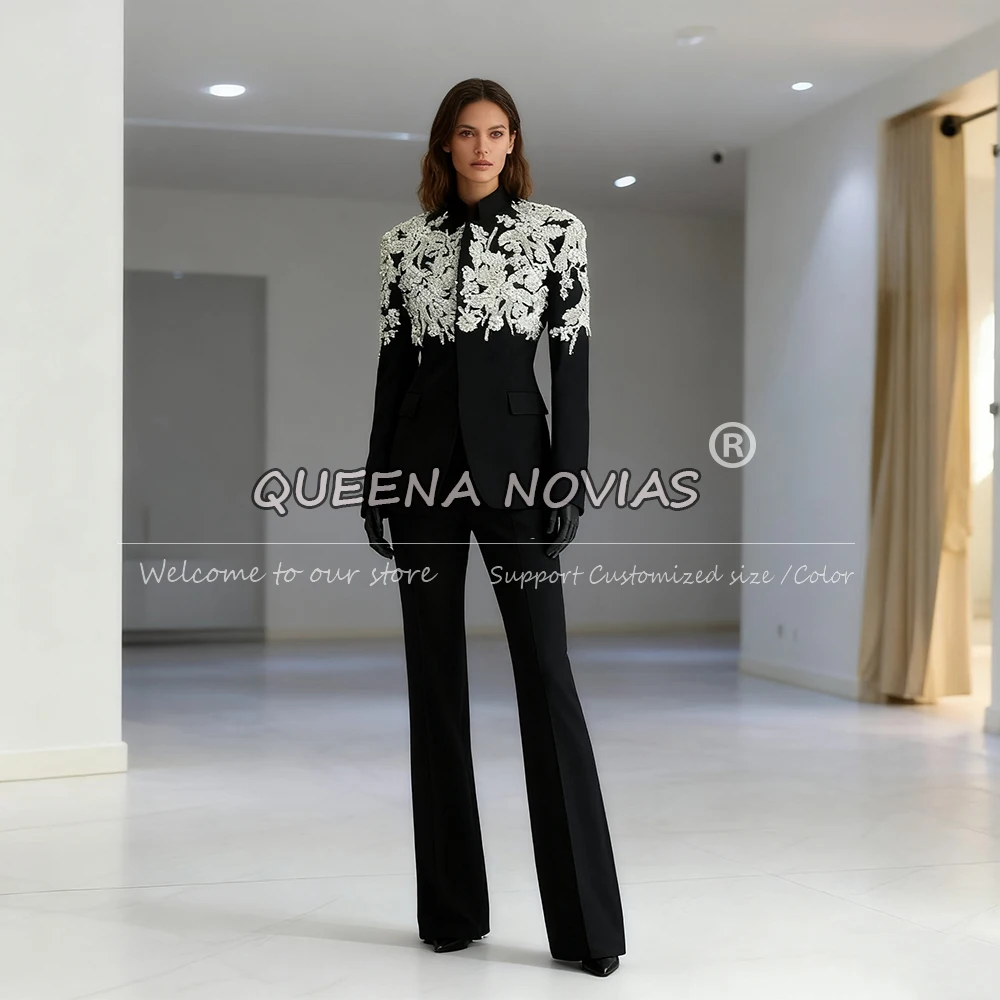 Brilliant Beaded Stones Suits Women For Wedding Guest Stand Collar Appliques Blazers Customized 2 Pieces Ladies Party Tuxedos