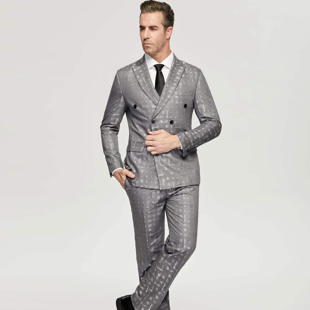 Men\'s  Grey Jacquard Suits 2023 Casual Double Breasted 6 Buttons Wedding Grooms Wear (Jacket+Pants) Formal Prom Dinner Suits