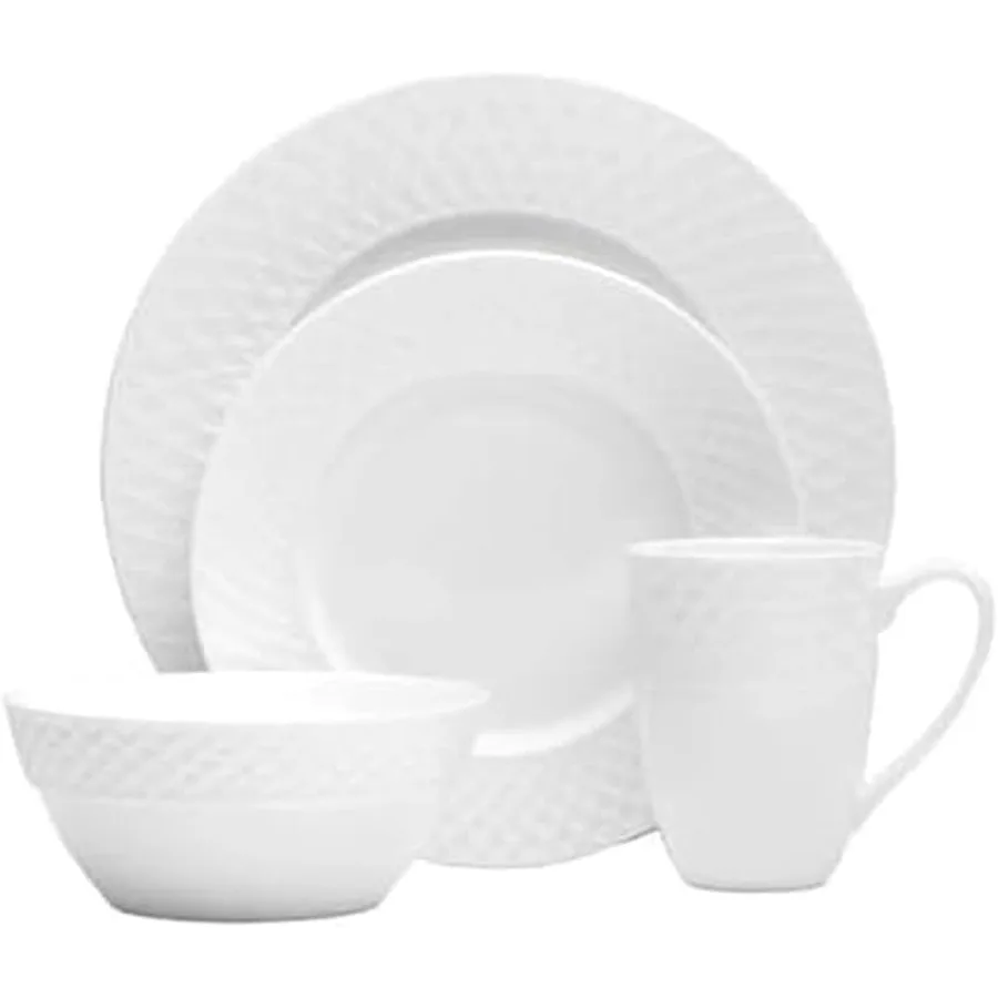 

Trellis Bone China 16Piece Dinnerware Set Service for 4 White Lightweight Porcelain with Textured Design ChipResistant and Dish