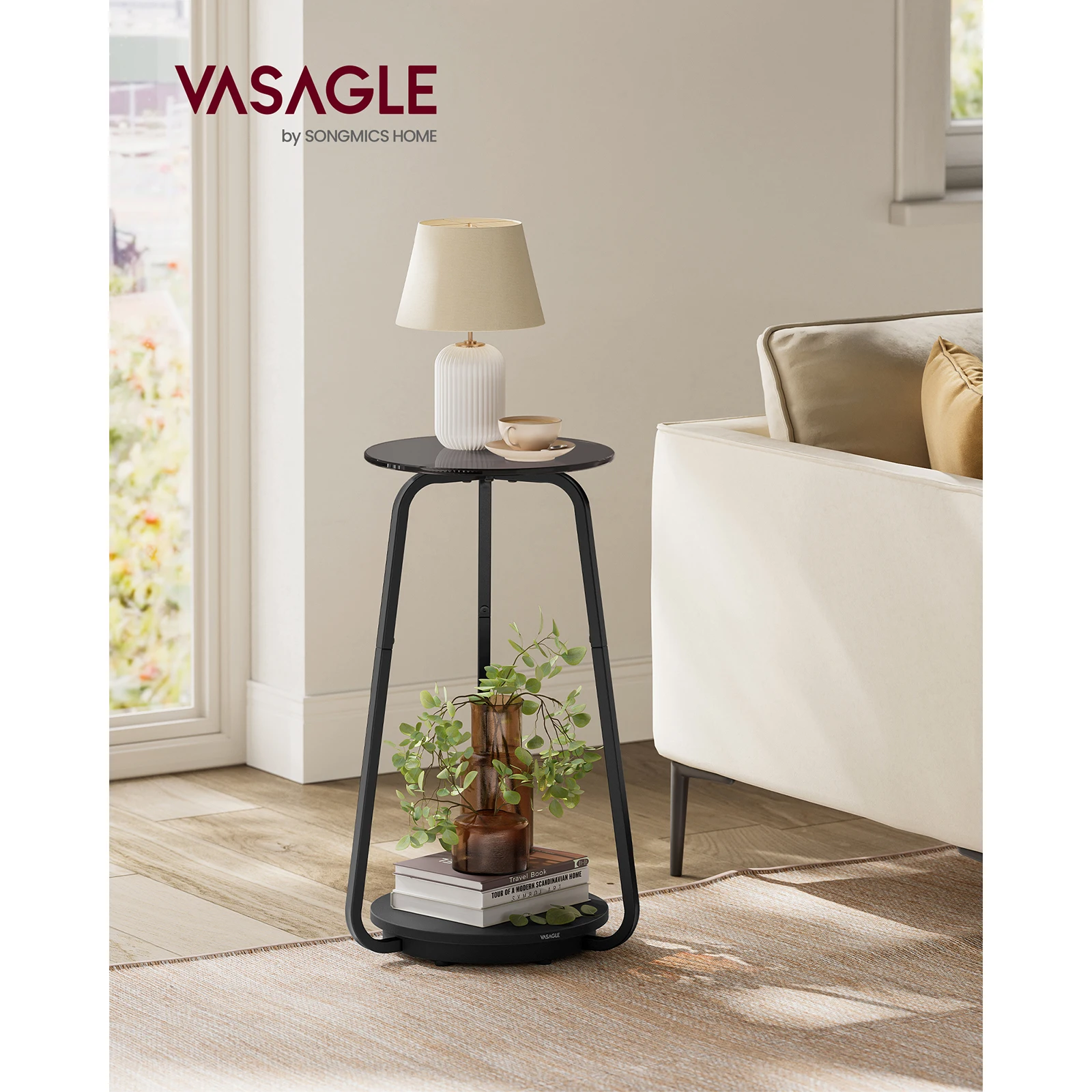 VASAGLE Round Side Table: 2-Tier Bedside Table with Glass Top, Particleboard Shelf. For Living Room, Bedroom, Small Spaces.