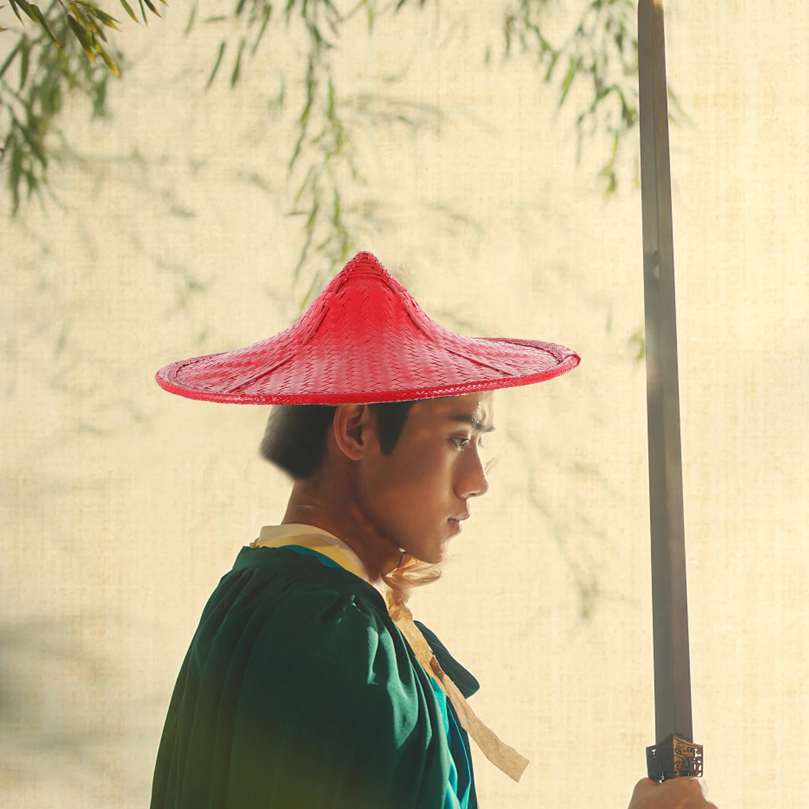 

Bamboo Hats Wide Brim Traditional Japanese Asian Conical Red Samurai Handmade Props Lightweight Adjustable Rope for Cosplay