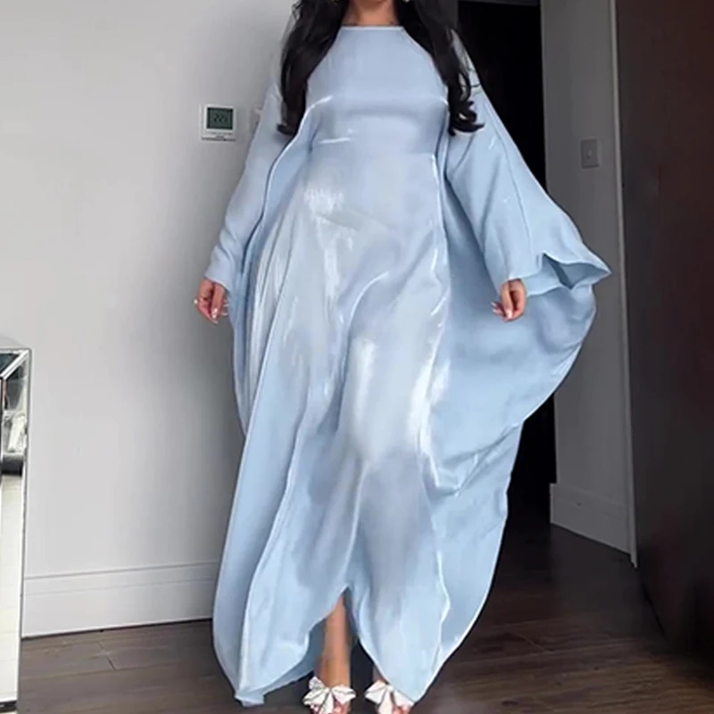 Women's Casual Batwing Sleeve Solid Long Dresses Fashion High Waist Loose Party Dress Elegant O-neck Commuter Satin Robe Dresses