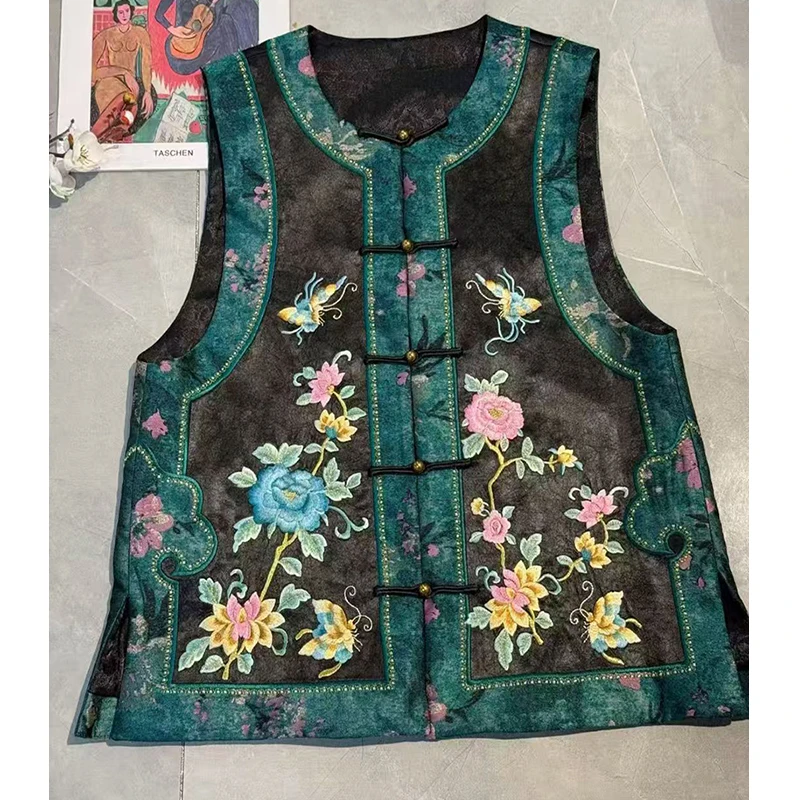 

Autumn New Chinese Style Handmade Single breasted Acetate Fabric Embroidered Butterfly Flower Retro Women's Vest S-XXL
