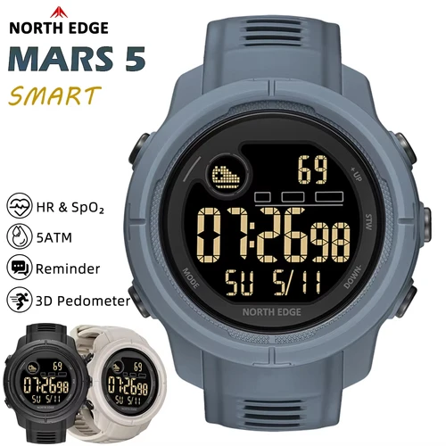 NORTH EDGE NEW MARS 5 reloj Digital para hombre, relojes LED deportivos militares para exteriores, reloj inteligente resistente al agua 50M HR y SpO2 para hombres y mujeres