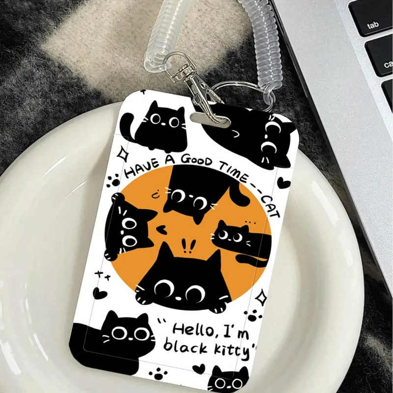 Tarjetero con patrón de ocho pequeños gatos negros, adecuado para estudiantes, tarjeta de autobús, estuche de protección para tarjeta de comida, soporte para sesión fotográfica Kpop