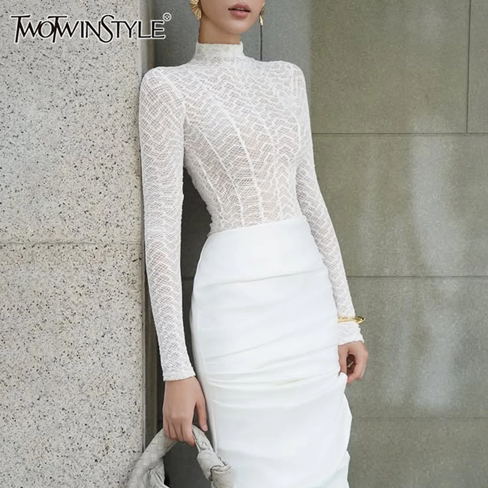 TWOTWINSTYLE Solid Hollow Out Slimming Minimalist T Shirts for Women High Waist Long Sleeve Temperament T Shirt Female Style