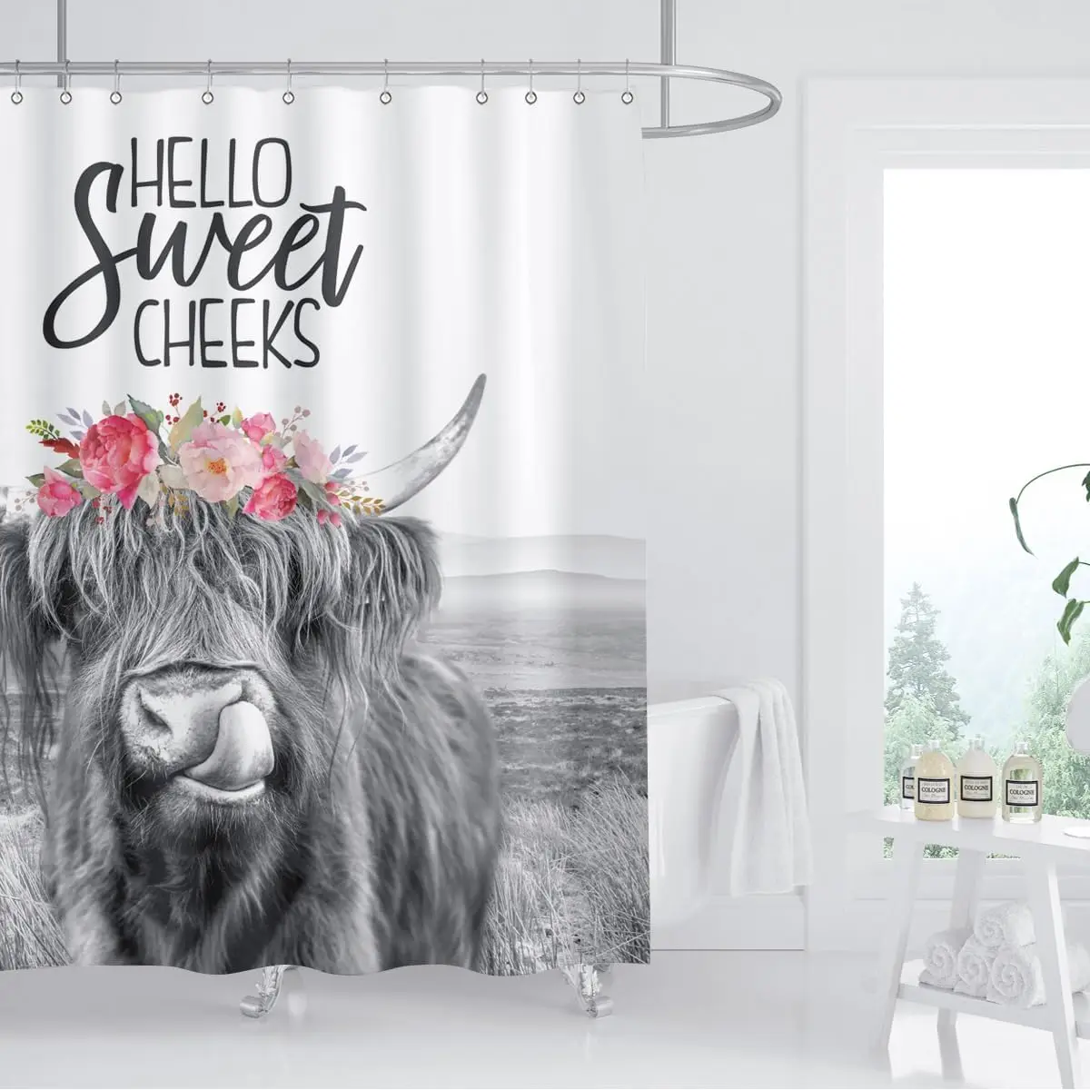 Farmhouse Highland Cow Shower Curtain Wildlife Bull Cattle Western Farm Grassland Vintage Rustic Animal Country Home Bathroom