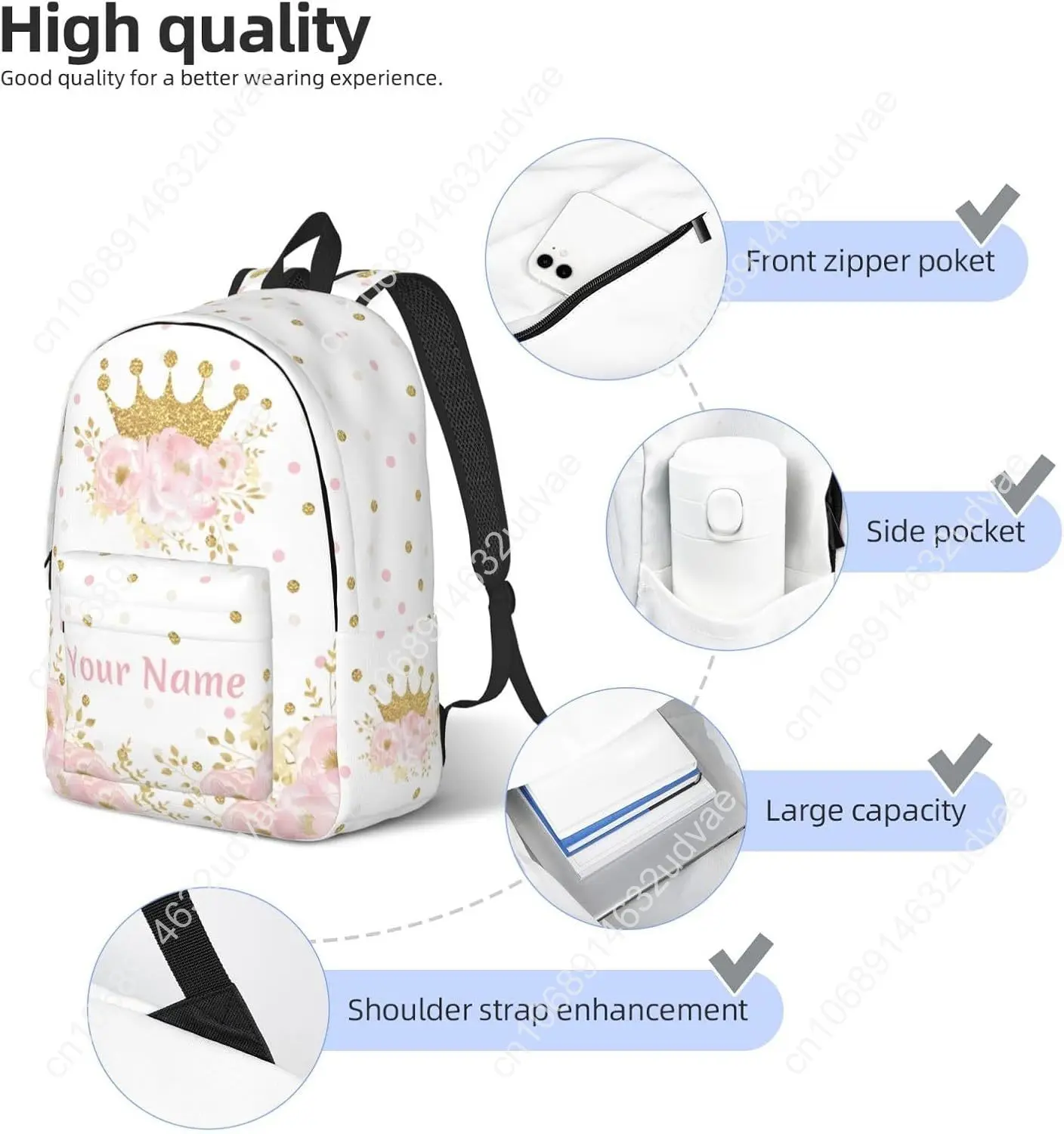 Crown Personalized Backpack for Girls Boys, Customized with Name and Flowers, 15