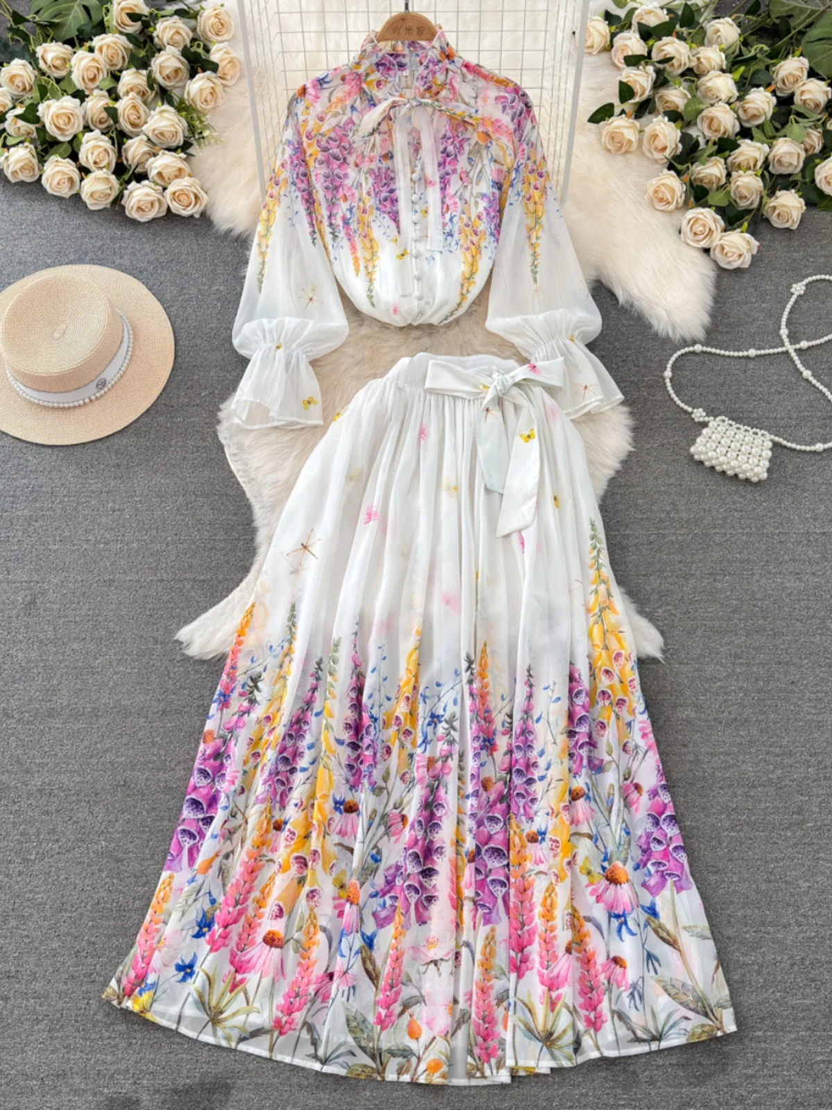 

Spring Summer Women's Pleated Floral Print Top Skirt Set Young Looking Long Skirt Two Piece Set Polyester Material