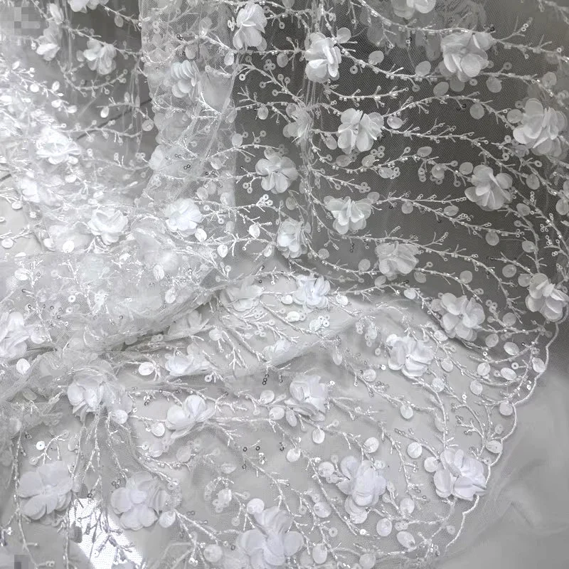 Elegant White 3D Flower Mesh Fabric Featuring Beaded Sequins And Appliqué Design For High-End Wedding Dress Veil And Formal Wear