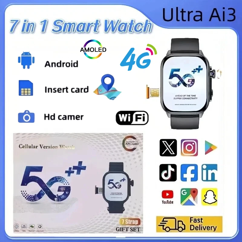 New Ultra Ai3 Smartwatch 4G Android Amoled HD Camera GPS WIFI Google Play Store App Download Game Bluetooth Smartwatch Men Women