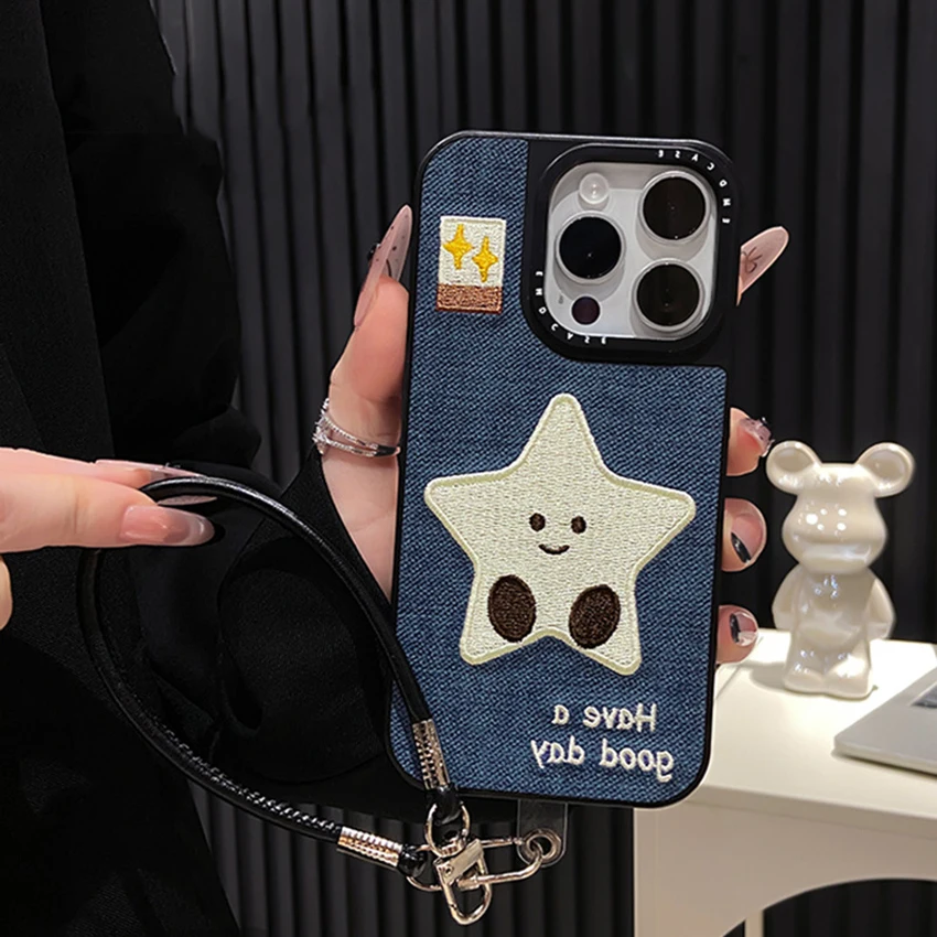 

Embroidered Stars Phone Case For Iphone 17 16 15 14 13 Pro 12 11 Max Plus 16Pro Handmade Phone Case Hand Strap Hard 15Pro Cover