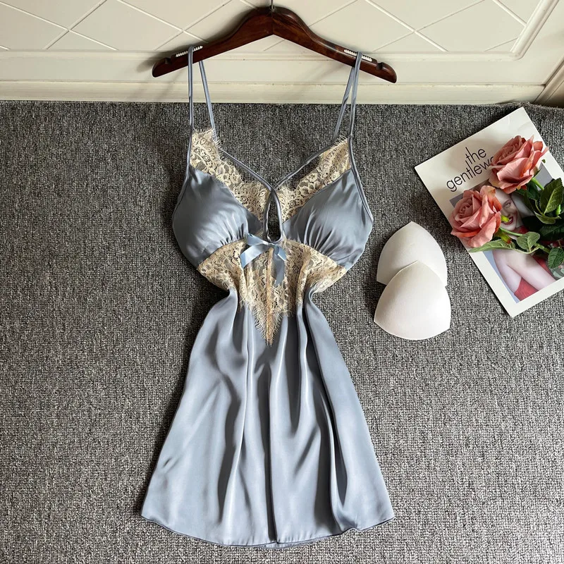

Sexy Lace Nightgown Summer Strap Nightdress Women Sleepwear Nighty Gown Homewear Lady Rayon Bathrobe Home Dress Lounge Wear