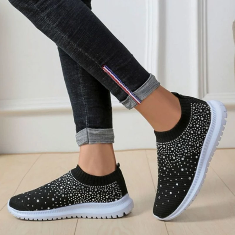 2026 Spring Summer Women Bling Rhinestone Casual Sneakers Lightweight Plus Size Flats Fashion Athletic Shoes