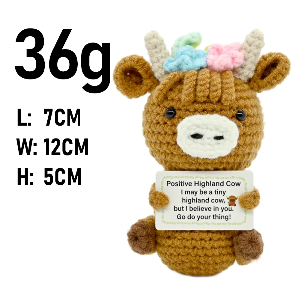AnimalSeries Positive Energy Cow Crochet Doll, Handmade Knitted Decor Ornament with Encouragement Card, Mini Desk Decor Gift view 4