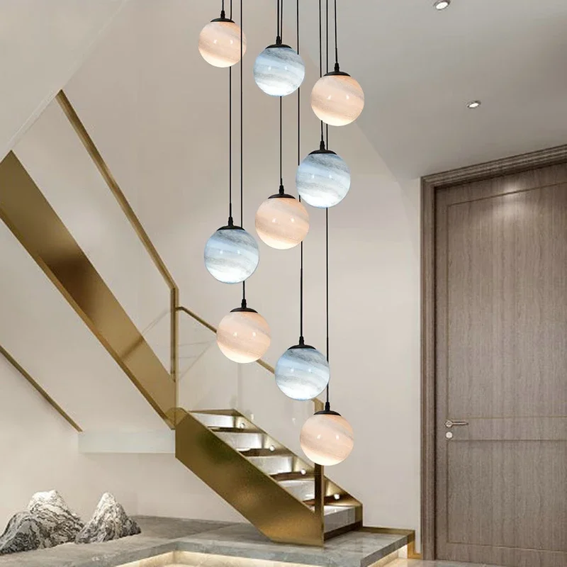 

Modern Staircase Long Pendant Lamp Villa Duplex Staircase Lamps Apartment Rotating Hollow Aisle Between Planets Wandering Ball