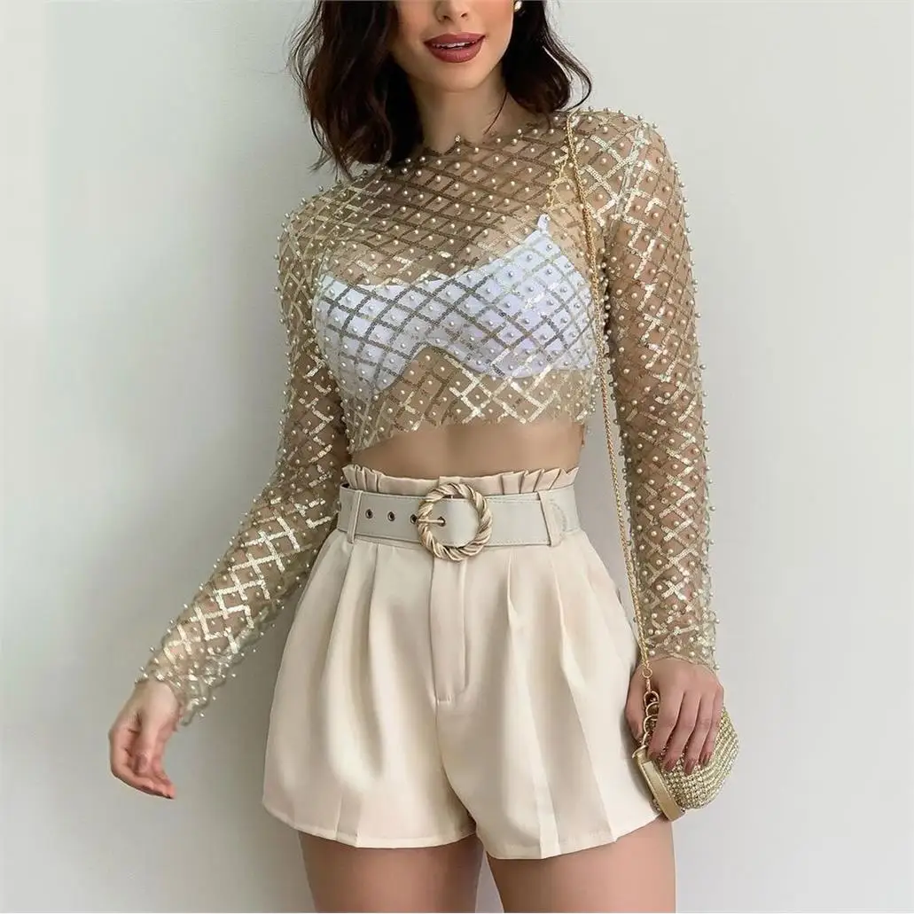 

Sexy Slim Fit Me Sequin Long Sve Crop Top Women's T-irt 2023 New Sle Summer Thin Polyester round Ne ort Length