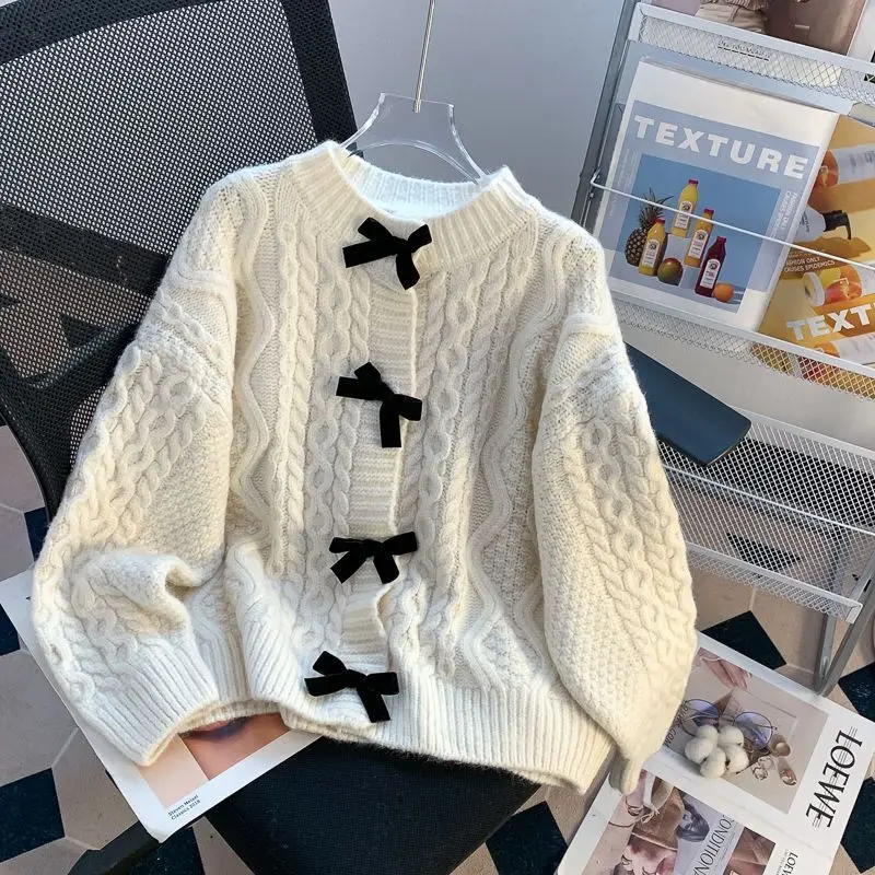 OMCHION Super Nice Pretty Chic Bow Sweater Jacket Women Knitting Ugly Loose Slouchy Retro Fashion Sweet Knitwear