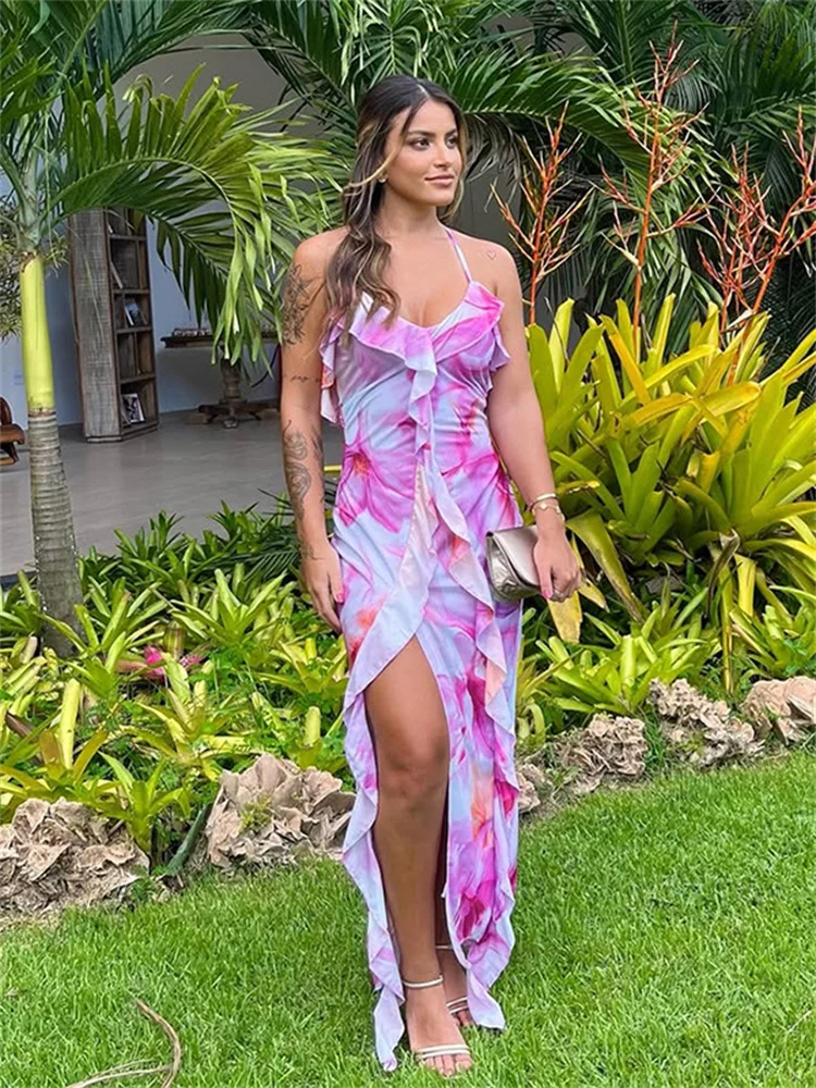 

InGrily fad Flower Print Dress Woman Summer Strapless Splits Irregular Tassel Patchwork Backless Bandage Party Skinny Vestidos