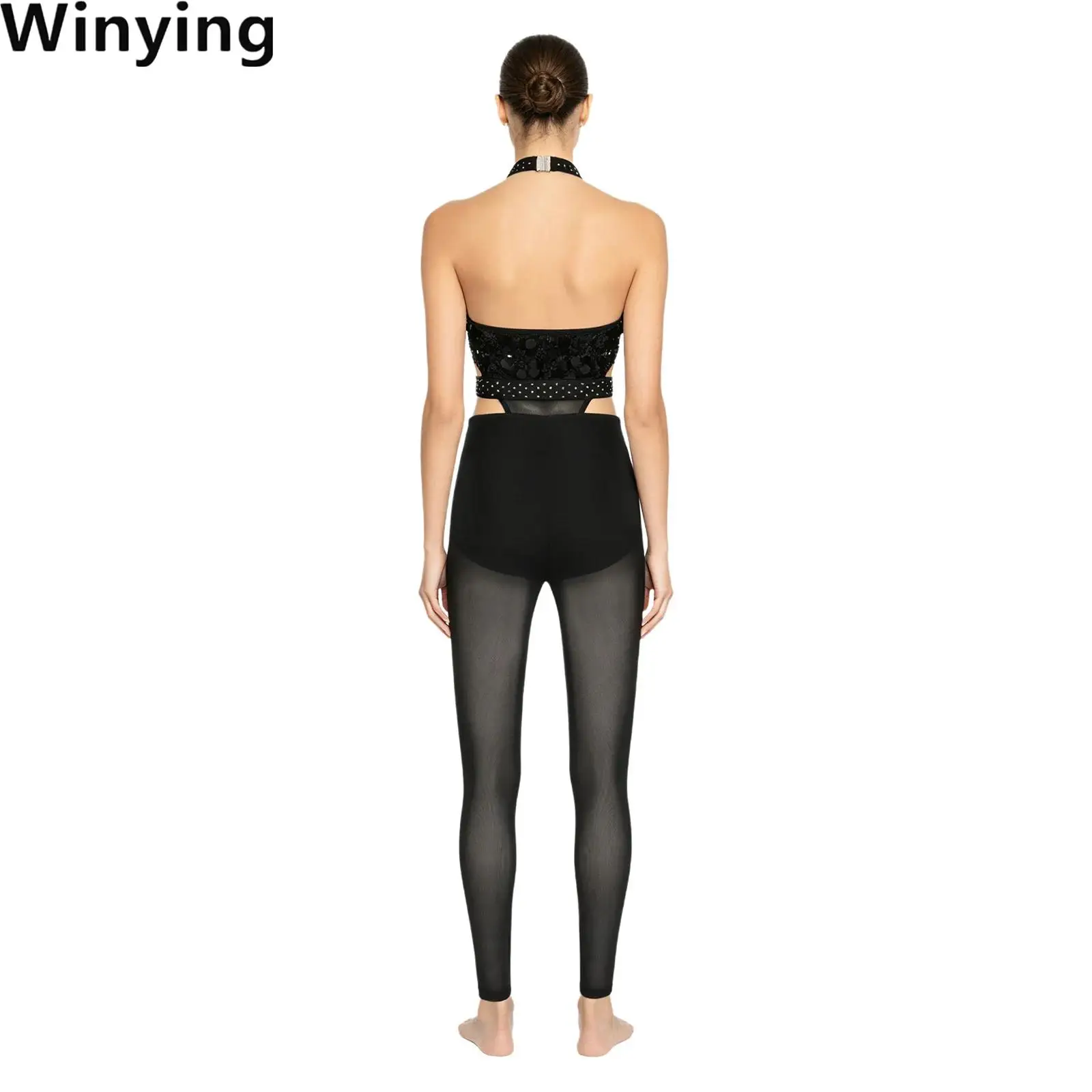 

Women Backless Unitard Halter Sequin Bodice Hollow Out Waist Sheer Mesh Leggings Built-in Briefs Gymnastics Rompers Jumpsuit