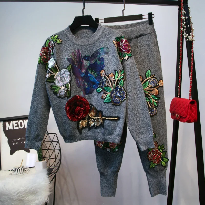 Manual Sequin Flower Embroidery Bird Print Knit Tracksuit Suit Women Casual O Neck Pullover Top Pencil Pant Female Knitwear Sets