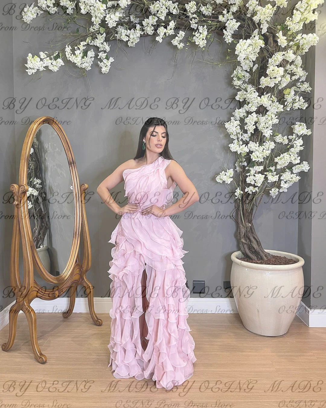 OEING Light Pink Evening Dresses Elegant Ruffles Split One-Shoulder Pleated A-Line Prom Dress Formal Gowns Vestidos De Fiesta