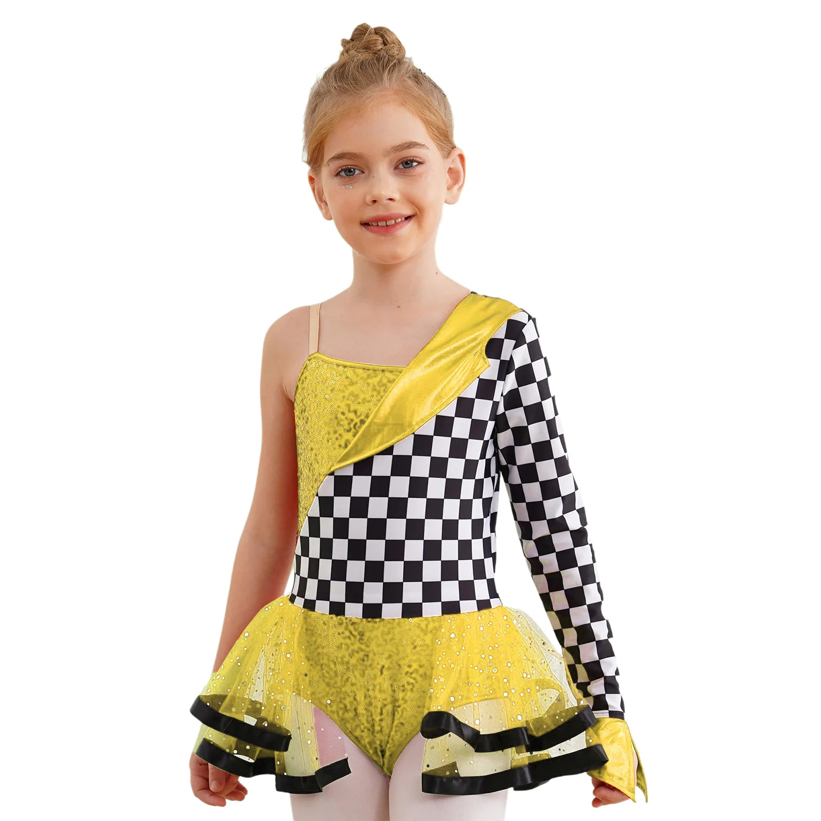 Girl Shiny Sequin Ballet Tutu Dress One Shoulder Checkerboard Racer Jumpsuit Halloween Cosplay Race Car Driver Dancewear Costume
