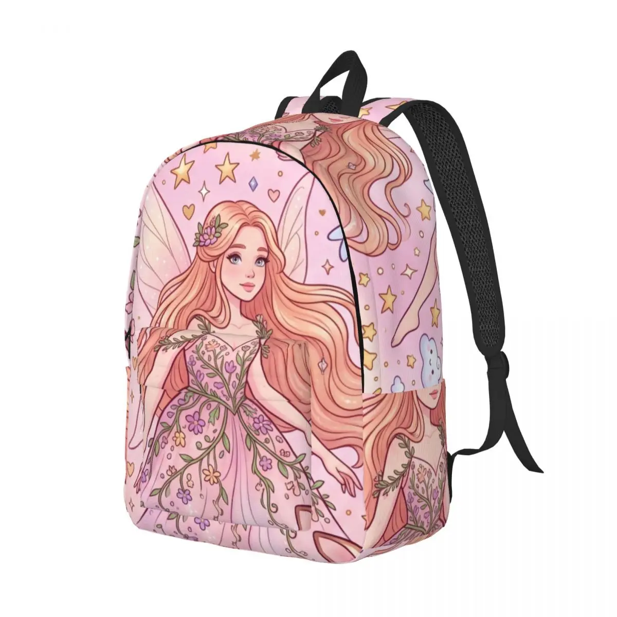 Heart School Backpack Allover Fairies Animals Whimsical Nostalgic Pastel Pink Multi Fashion Daypack for College Travel Gift Love