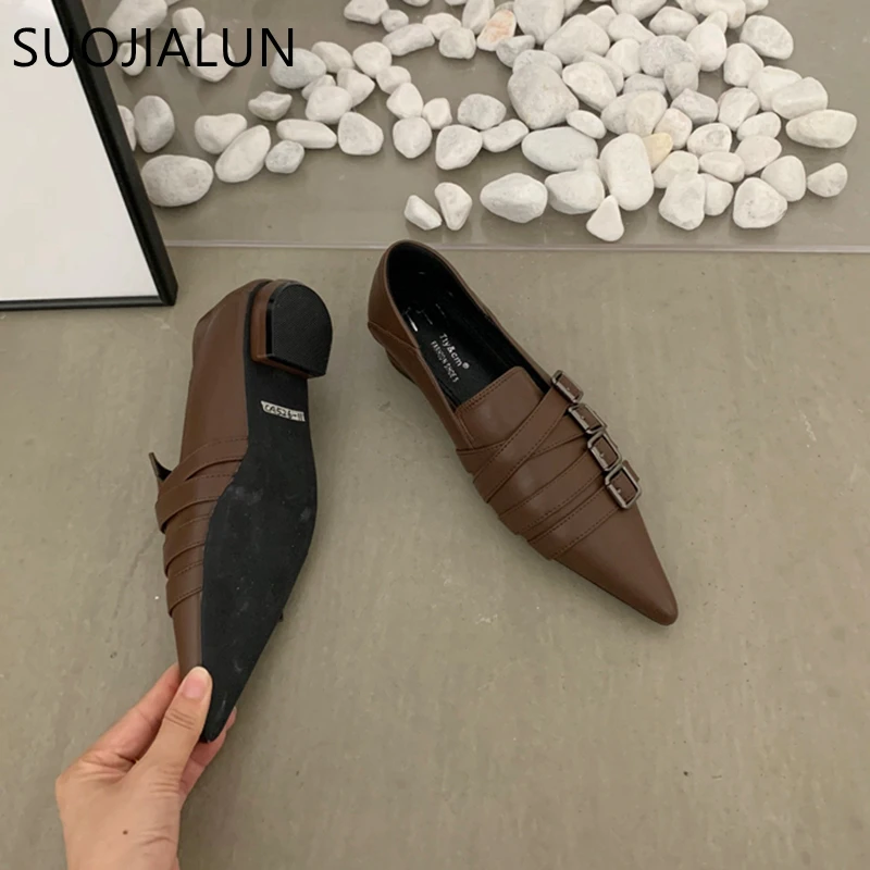 SUOJIALUN 2023 Autumn Ladies Women Flat Shoes Fashion Brand Buckle Women Elegant Laofer Shoes Flat Heel Slip On Dress Ballerinas