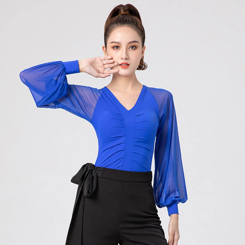 

Женская одежда для современного танца, тренировочное боди для выступлений, сетчатый костюм с рукавами-фонариками, латинская самба, бальные танцы, гимнастический купальник, костюм