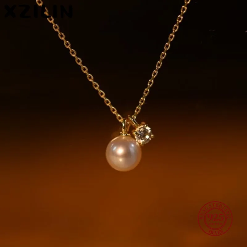 

XZiLin S925 Sterling Silver 14K Gold Plated Pearl Necklace for Women Elegant Versatile Gift Simple Retro Clavicle Chain Pendant