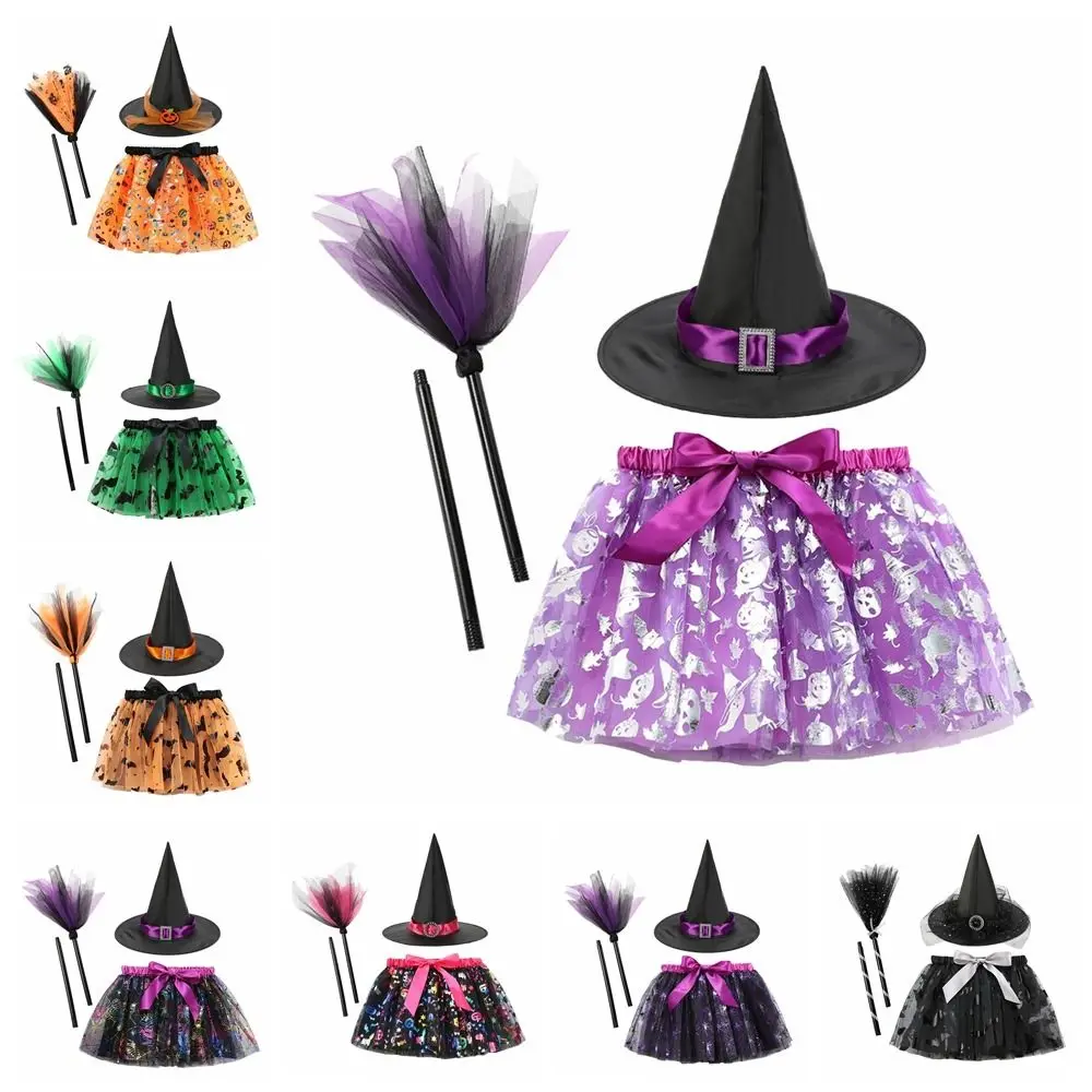 3 stks/set Wizard Childern Halloween Kostuums Puntige Hoed Heldere Kleur Kids Heks Jurk Set Kostuum Cosplay Props Bezem