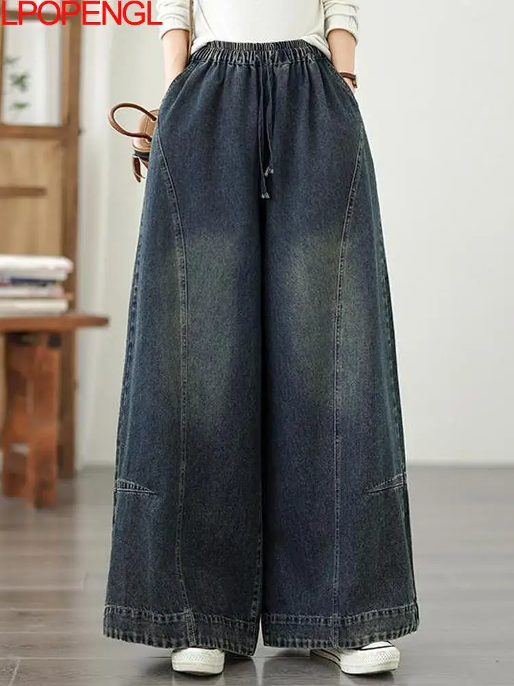 

Women's Autumn And Winter Retro Embroidered Denim Wide Leg Pants Elastic Waist Loose Oversized Casual Drawstring Straight Jeans