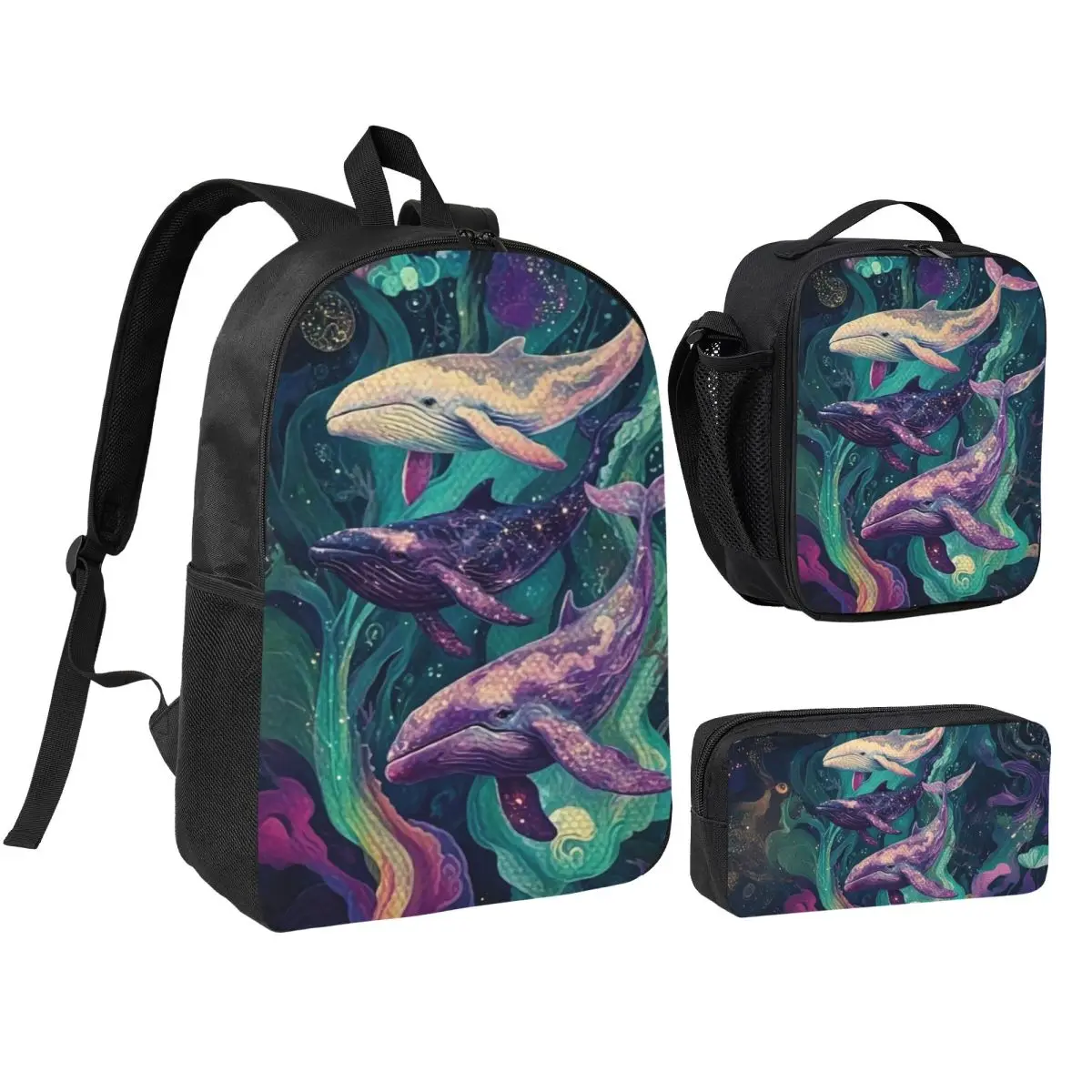 Deep Sea Luminous Starry Sky And Whale Backpack Boys Girls BookBag School Bag Shoulder Bags 3ps Insulated Lunch Bag Pencil Case