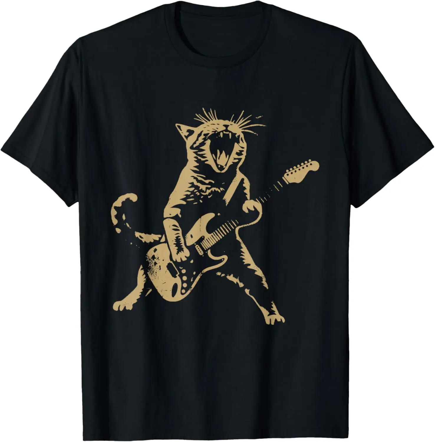Camiseta unisex para niños con diseño de gato rockero tocando la guitarra