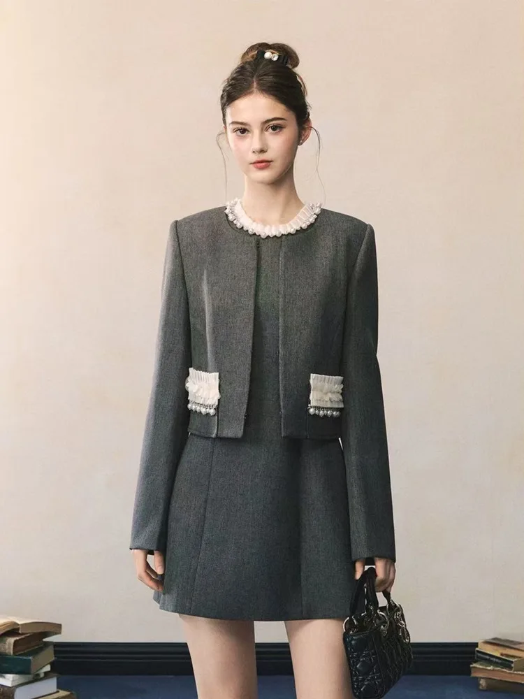 

Высококачественный французский элегантный комплект из 2 предметов с бисером, женский роскошный пиджак, пальто + тонкое платье, костюмы, женский милый модный наряд из двух предметов