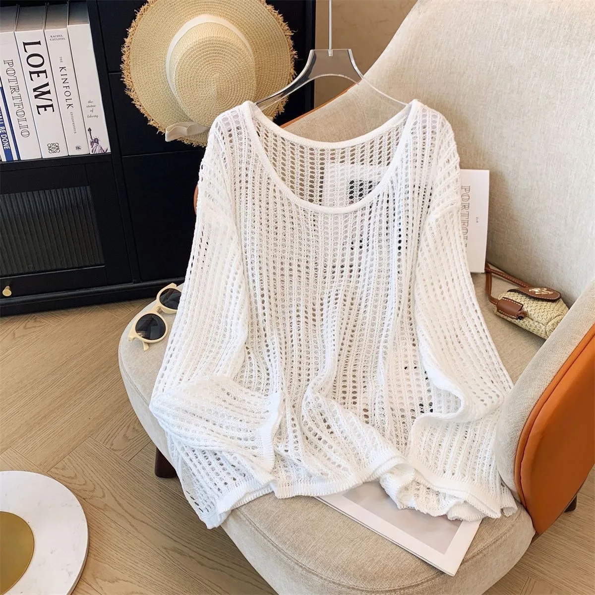 Hollow Out O-Neck Long Sleeved Knitted 2025 Women Solid Color Pullover Spring  Korean  New Casual Loose Appear Thin Sweater Top