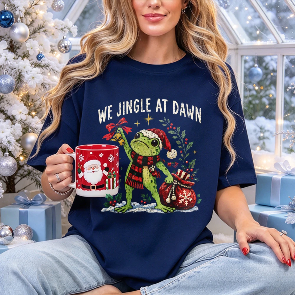 We Jingle At Dawn Cute Christmas Frog Graphic T Shirt Santa Hat Plaid Scarf Bell Holly Gift Bag Print Funny Holiday Casual Tees