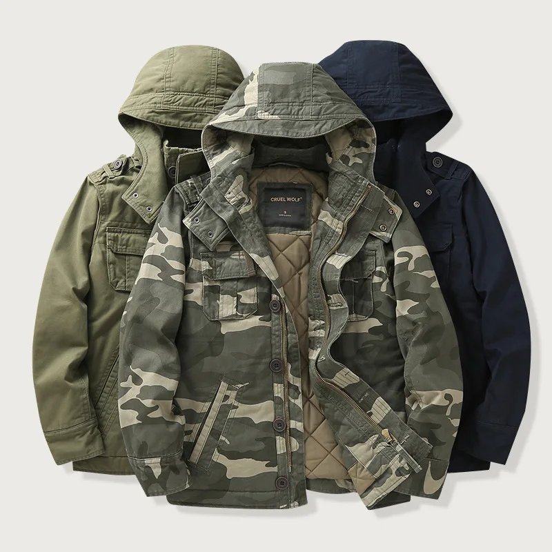 Autumn Winter Thicken Warm Camouflage Cotton Padded Jacket with Hooded Multiple Pockets Workwear Thermal Coats Outdoor for Men