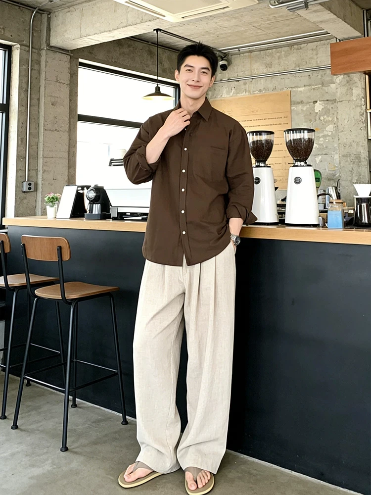 Caramel Colored Long Sleeve Loose Fit Casual Shirt for Men Autumn Fashionable Korean Style Light Maturity Loose Collar Coat