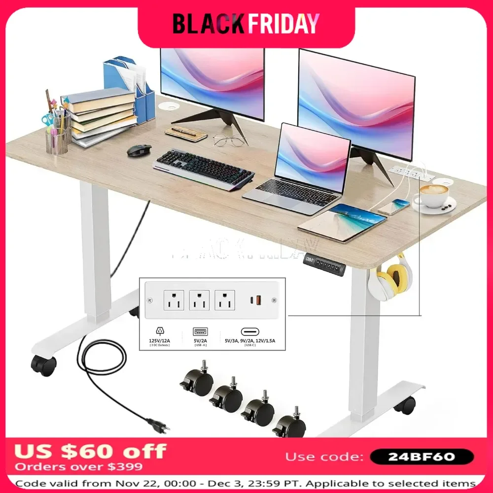 Electric Standing Desk, 63'' x 24'', Charging Station, 2 USB Ports, 3 Power Outlets, 4 Caster, 27''-46'' Lifting Range