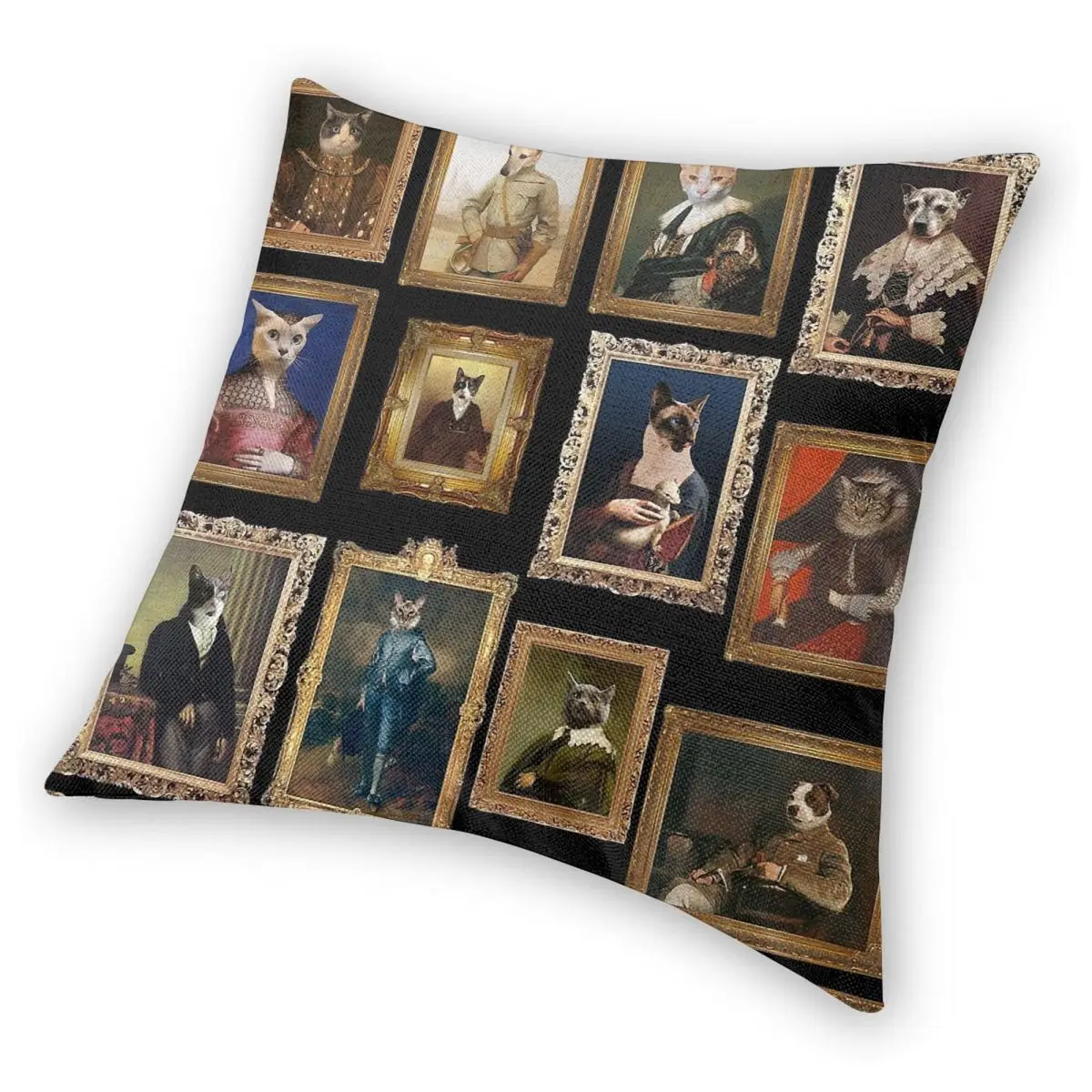 Juste de coussin de canapé en polyester et lin, taie d'oreiller carrée imprimée, galerie de portrait de chien et de chat, fermeture éclair décorative