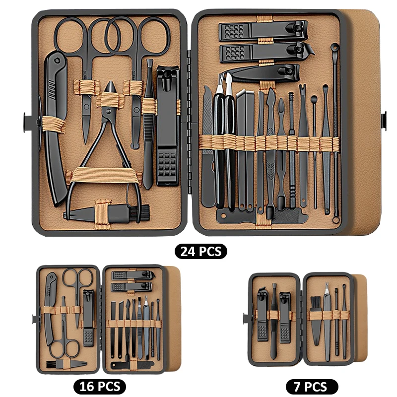 Men's Complete Nail Care Kit Heavy-Duty Black Manicure & Pedicure Set Nail Clippers Set Cuticle Pusher Trimmer Remover