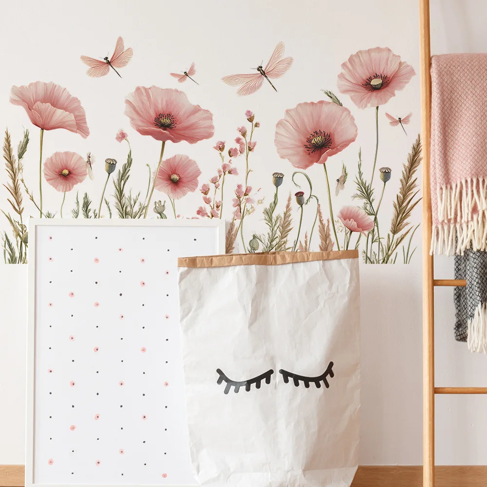 Pegatinas de pared de libélula con flores rosas de acuarela, decoración de fondo para sala de estar, Mural, dormitorio, decoración del hogar, calcomanías autoadhesivas