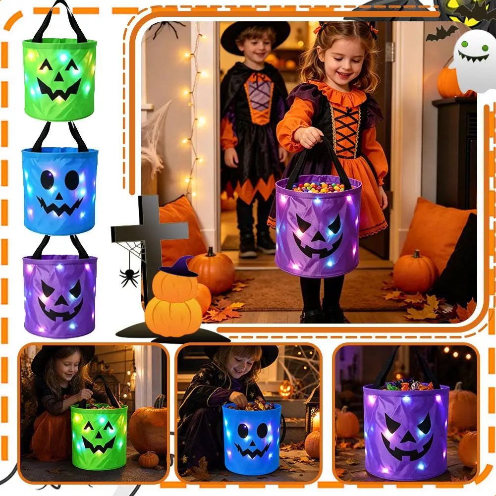 LED Light Halloween Pumpkin Candy Bucket, Trick or Treat Candy Bag with Handle, Halloween Gift Basket for Kids Party Favors